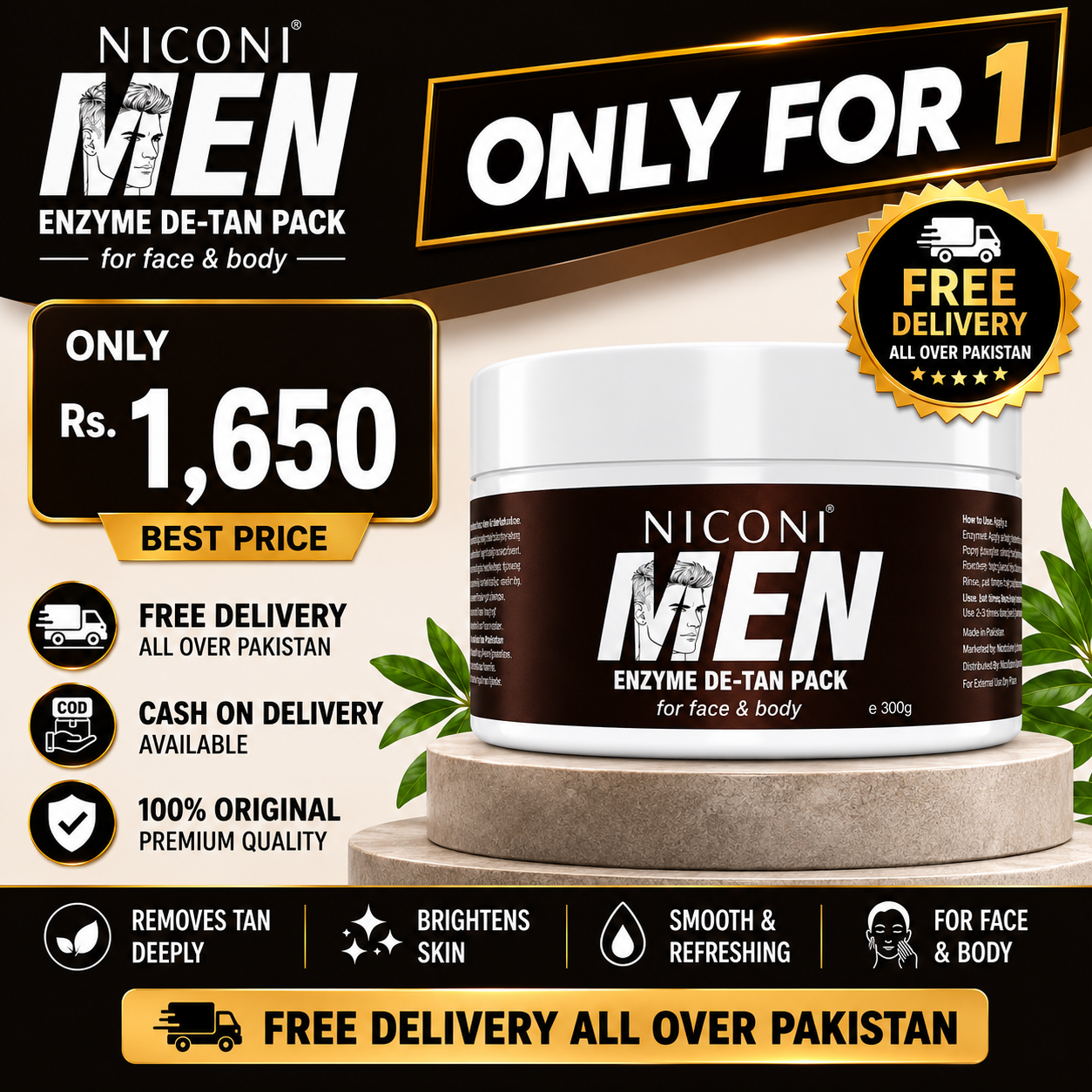 NICONI Men Enzyme De-Tan Pack for Face & Body | Sun Tan Removal | Cash on Delivery Pakistan